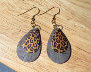 This is a pair of handmade leopard print dangle earrings.